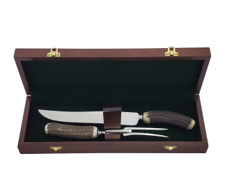 2-Piece Stag Carving Set in Wooden Box. Stainless Blade