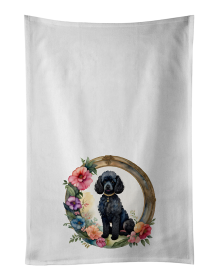 Black Poodle and Flowers Kitchen Towel Set of 2