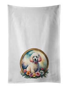 White Poodle and Flowers Kitchen Towel Set of 2