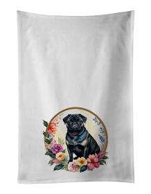 Black Pug and Flowers Kitchen Towel Set of 2