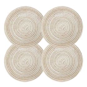 4 Pcs Coffee Time Round Braided Woven Placemats Home Decor Place Mats Kitchen Table Mats Woven Placemats 7 inch, Beige