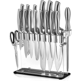 Stainless Steel Knife Set, 17 Pieces Kitchen Knife Set, Super Sharp Chef Knife Set with Acrylic Stand and Serrated Steak Knives